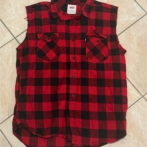 Red and Black Plaid Sleeveless Shirt